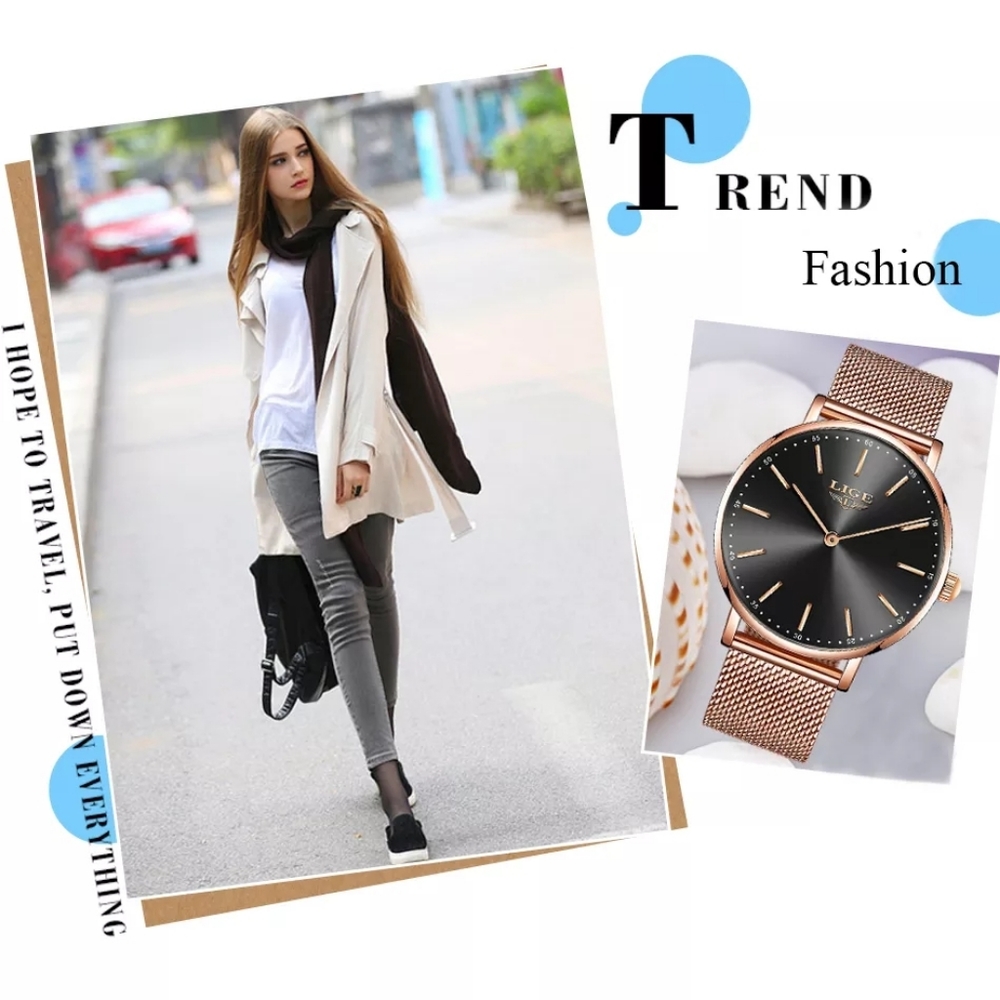 Rose Gold Mesh Stainless Steel Watch Top Brand - Picture 5 of 15